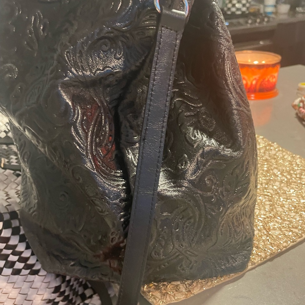 Embossed Black Leather Satchel with Top Handles - Picture 4 of 9